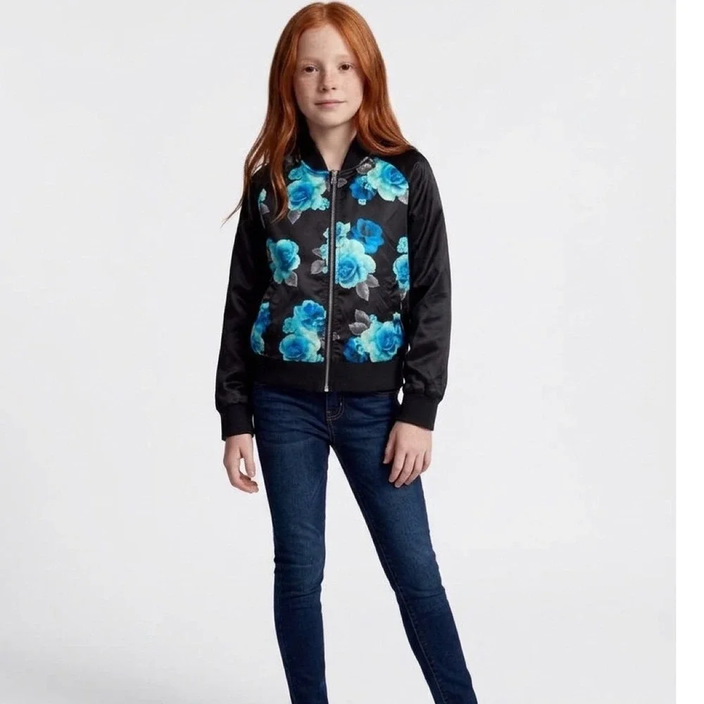 Justice Girls Black Blue Teal Floral Satin Bomber Jacket Size 8/10